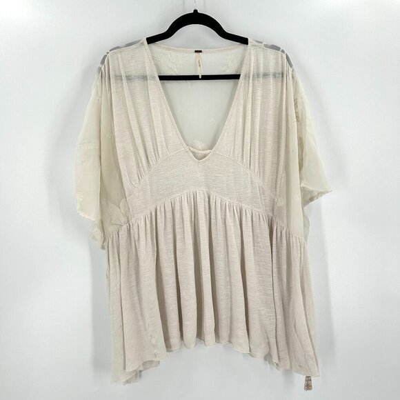 Free People Tops - FREE PEOPLE *Flawed* Ivory Sheer Floral Embroidered Oversized Boho Top Small
